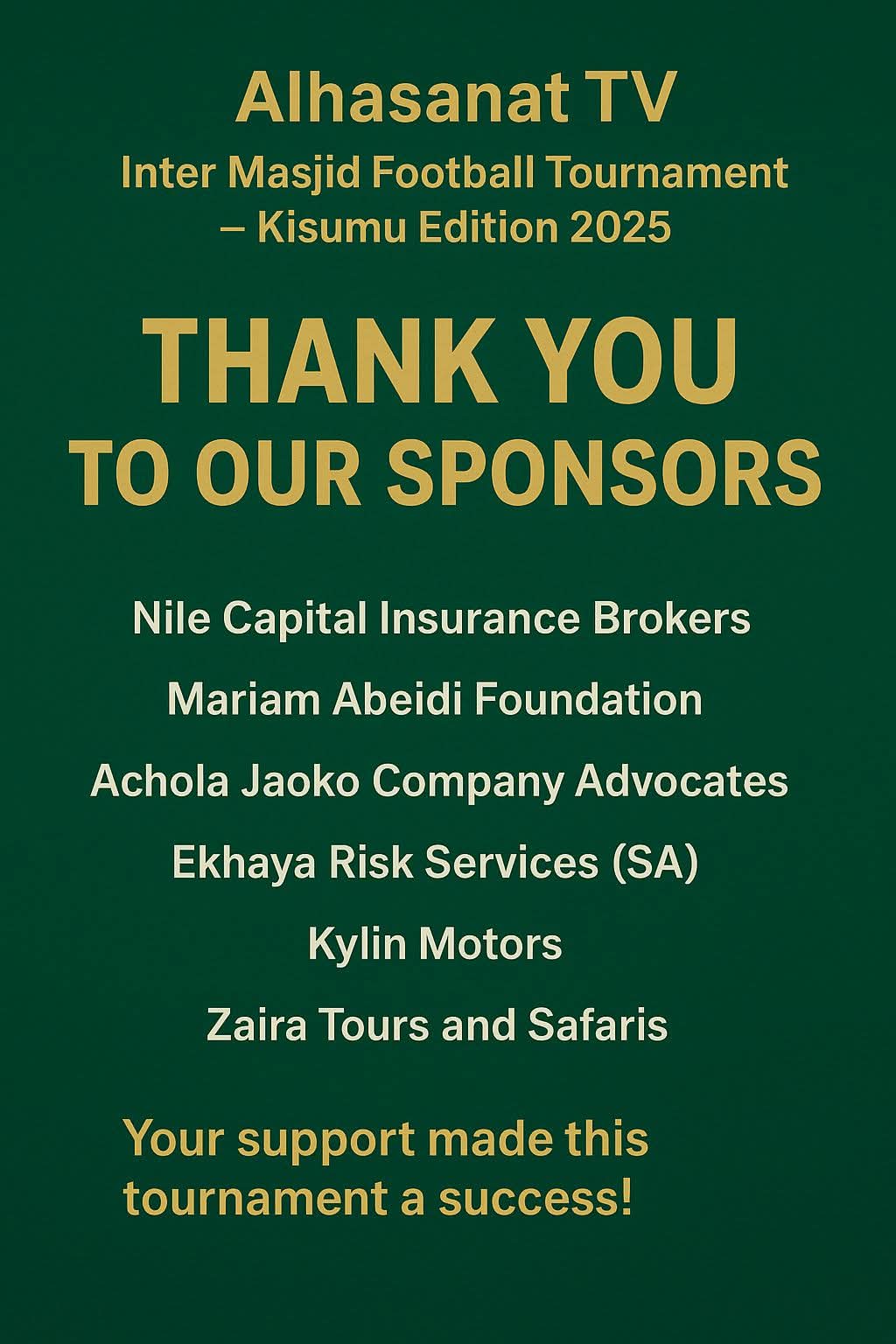 A thank-you graphic listing the sponsors of the Alhasanat TV Inter Masjid Football Tournament, Kisumu Edition 2025.